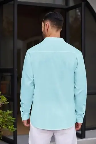 COOFANDY erkaklar uchun paxta zig'ir Henley ko'ylagi Casual Beach Hippie ko'ylaklari uzun qisma futbolkalar - 4