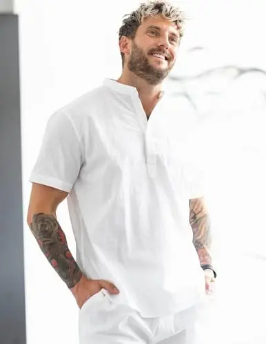 COOFANDY Men's Cotton Linen Henley Shirt Short Sleeve Hippie Casual Beach T-Shirts with Pocket - 5