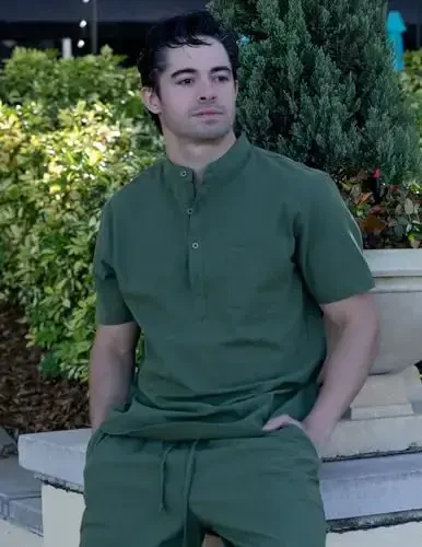 COOFANDY erkaklar uchun paxta zig'ir Henley ko'ylagi qisqa yengli hippi kundalik plyaj futbolkalari cho'ntakli - 3