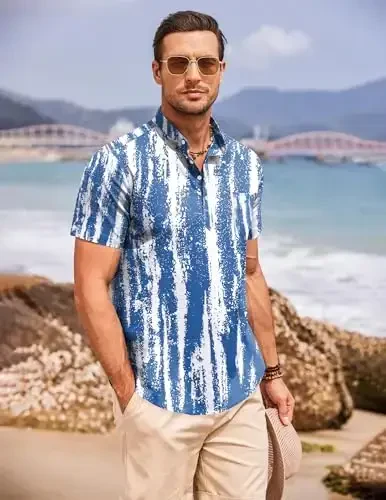 COOFANDY Erkaklar uchun paxta zig'ir Henley ko'ylagi Qisqa yengli Hippie kundalik plyaj futbolkalari cho'ntak bilan - 3