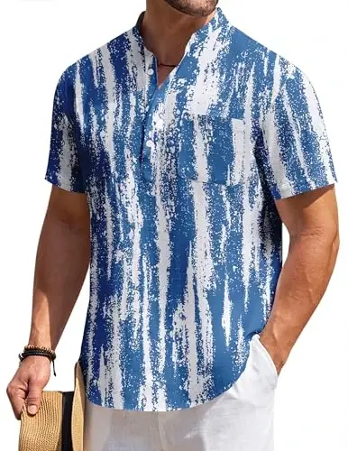 COOFANDY Erkaklar uchun paxta zig'ir Henley ko'ylagi Qisqa yengli Hippie kundalik plyaj futbolkalari cho'ntak bilan - 3