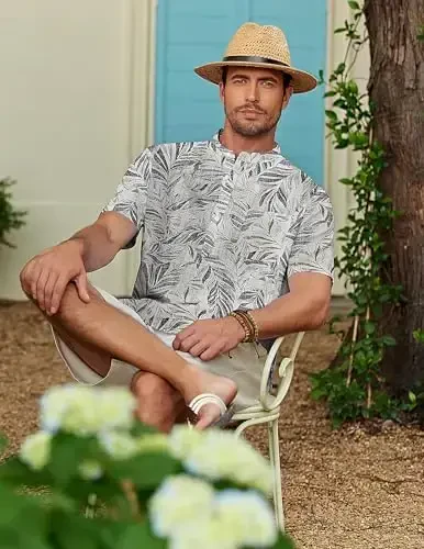 COOFANDY Erkaklar uchun paxta zig'ir Henley ko'ylagi Qisqa yengli Hippie kundalik plyaj futbolkalari cho'ntak bilan - 2