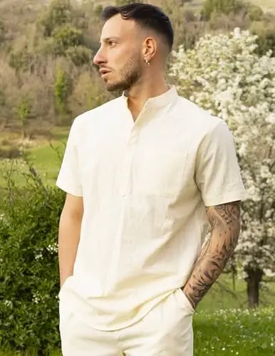 COOFANDY Erkaklar uchun paxta zig'ir Henley ko'ylagi Qisqa yengli Hippie kundalik plyaj futbolkalari cho'ntak bilan - 2