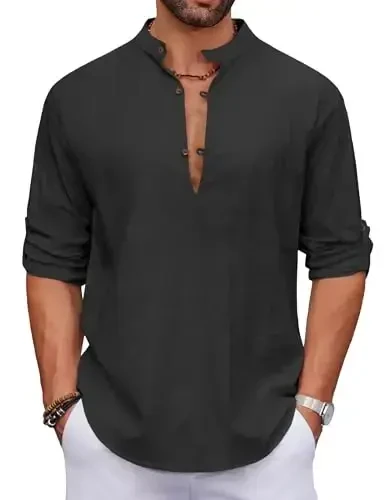 COOFANDY erkaklar uchun paxta zig'ir Henley ko'ylak kundalik plyaj hippi ko'ylaklari uzun yengli futbolkalar - MODAZONE