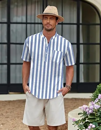 COOFANDY erkaklar uchun paxta zig'ir Henley ko'ylak qisqa yengli hippi kundalik plyaj futbolkalari cho'ntak bilan - 3