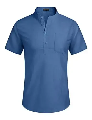 COOFANDY Erkaklar uchun paxta zig'ir Henley ko'ylak Qisqa yengli hippi kundalik plyaj futbolkalari cho'ntak bilan - 2