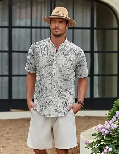 COOFANDY erkaklar uchun paxta zig'ir Henley ko'ylak qisqa yengli hippi kundalik plyaj futbolkalari cho'ntak bilan - 3