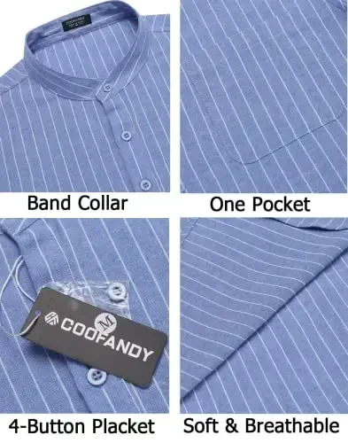 COOFANDY erkaklar uchun paxta zig'ir Henley ko'ylak qisqa yengli hippi kundalik plyaj futbolkalari cho'ntak bilan - 5