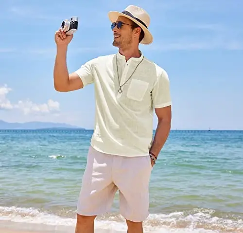 COOFANDY Erkaklar uchun paxta zig'ir Henley ko'ylak Qisqa yengli Hippie kundalik plyaj futbolkalari cho'ntak bilan - 4