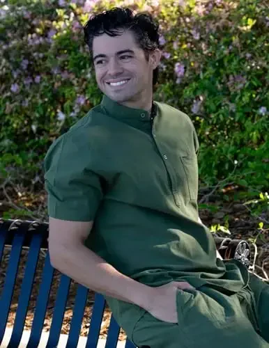 COOFANDY erkaklar uchun paxta zig'ir Henley ko'ylak qisqa yengli Hippie kundalik plyaj futbolkalari cho'ntak bilan - 2