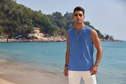 COOFANDY erkaklar uchun paxta zig'ir tank top ko'ylaklari kundalik yengsiz bog'ichli plyaj hippi toplari Bogemcha Uyg'onish davri qaroqchi tunikasi - 2
