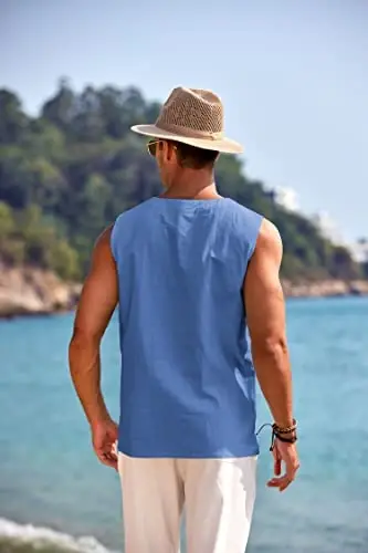 COOFANDY erkaklar uchun paxta zig'ir tank top ko'ylaklari kundalik yengsiz bog'ichli plyaj hippi toplari Bogemcha Uyg'onish davri qaroqchi tunikasi - 3