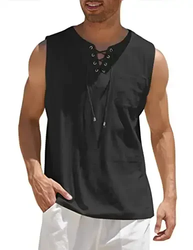 COOFANDY erkaklar uchun paxta zig'ir tank top ko'ylaklari kundalik yengsiz bog'ichli plyaj hippi toplari Bohemian Renaissance Pirate Tunikasi 