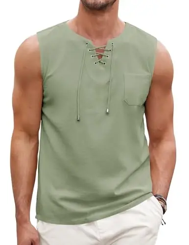 COOFANDY erkaklar uchun paxta zig'ir tank toplari Ko'ylaklar kundalik yengsiz bog'ichli plyaj hippi toplari Bohemiya Uyg'onish davri qaroqchi tunikasi - COOFANDY