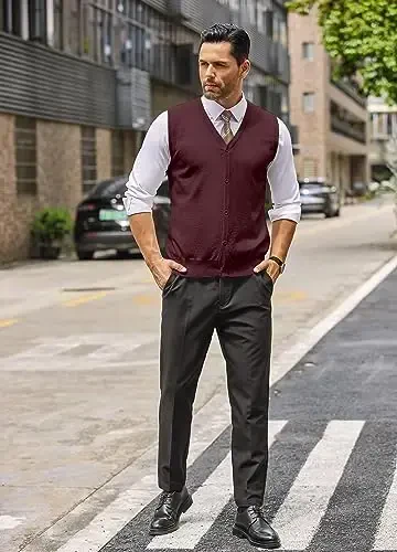 COOFANDY erkaklar uchun sviterli jilet V bo'yinli oddiy yengsiz trikotaj tugmachali kardigan jilet - 3