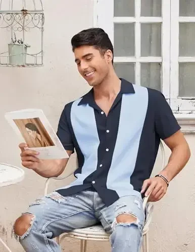 COOFANDY Men's Vintage Bowling Shirt Short Sleeve Button Down Summer Cuba Beach Shirts - 2