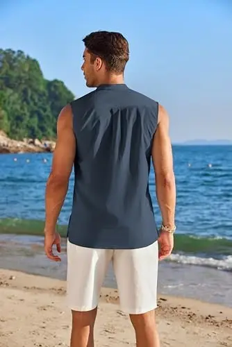 COOFANDY Erkaklar uchun yengsiz plyaj ko'ylaklari Yozgi futbolkalar Kundalik Henley futbolka - 5