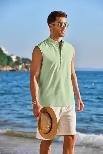 COOFANDY Erkaklar uchun yengsiz plyaj ko'ylaklari Yozgi futbolkalar Kundalik Henley futbolka - 4