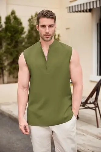 COOFANDY Erkaklar uchun yengsiz plyaj ko‘ylaklari yozgi maykalar kundalik Henley maykasi - 2