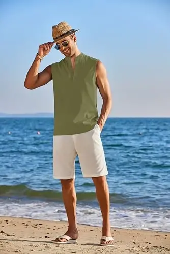 COOFANDY Erkaklar uchun yengsiz plyaj ko‘ylaklari yozgi maykalar kundalik Henley maykasi - 3