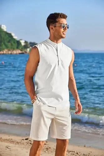 COOFANDY Erkaklar uchun yengsiz plyaj ko‘ylaklari yozgi maykalar kundalik Henley maykasi - COOFANDY (1)