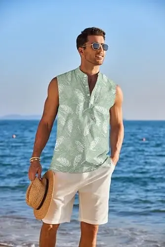 COOFANDY erkaklar uchun yengsiz plyaj ko'ylaklari yozgi tank ko'ylaklar kundalik Henley tank tepasi - 3