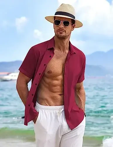 COOFANDY erkaklar uchun zig'ir ko'ylaklar Qisqa yengli kundalik ko'ylaklar Erkaklar uchun tugmachali ko'ylak Plyaj yozgi to'y ko'ylagi - 4