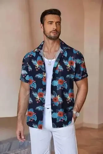 COOFANDY erkaklar uchun zig'ir ko'ylaklar qisqa yengli kundalik ko'ylaklar erkaklar uchun tugmali ko'ylak plyaj yozgi to'y ko'ylagi - 4