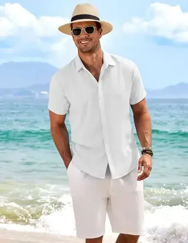 COOFANDY Men's Linen Shirts Short Sleeve Casual Shirts Button Down Shirt for Men Beach Summer Wedding Shirt - 3