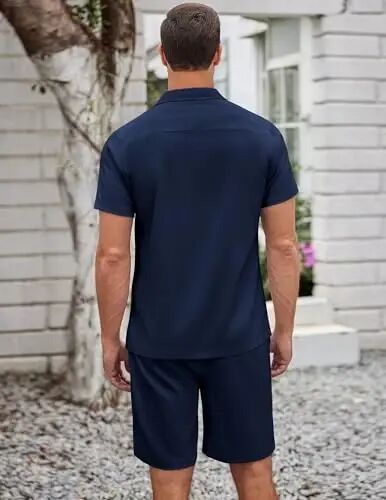 COOFANDY Erkek 2 Parça Günlük Plaj Kıyafeti Kısa Kollu Düğmeli Gömlek Yazlık Şort Takımı - 4
