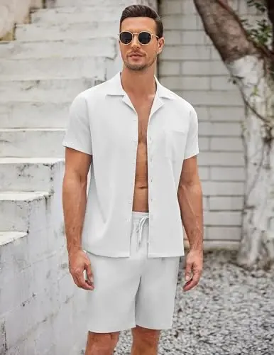 COOFANDY Men's 2 Pieces Casual Beach Outfits Short Sleeve Button Down Shirts Summer Short Set - 3