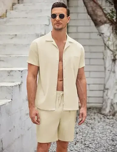 COOFANDY Men's 2 Pieces Casual Beach Outfits Short Sleeve Button Down Shirts Summer Short Set - 5