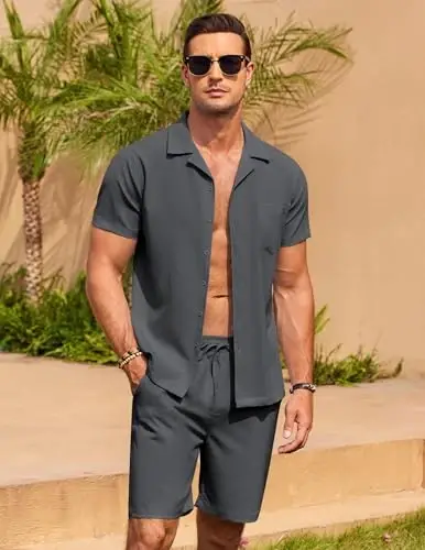 COOFANDY Men's 2 Pieces Casual Beach Outfits Short Sleeve Button Down Shirts Summer Short Set - 4