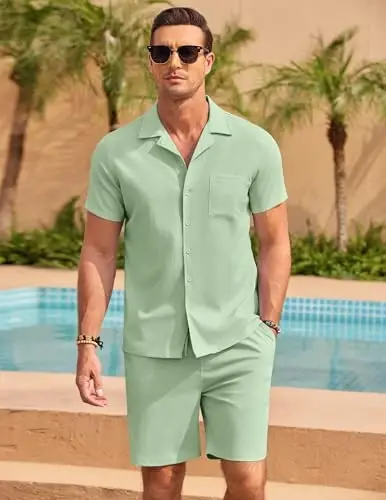 COOFANDY Men's 2 Pieces Casual Beach Outfits Short Sleeve Button Down Shirts Summer Short Set - 3