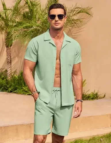 COOFANDY Men's 2 Pieces Casual Beach Outfits Short Sleeve Button Down Shirts Summer Short Set - 4