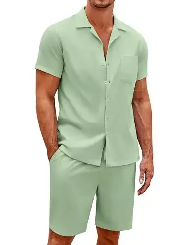 COOFANDY Men's 2 Pieces Casual Beach Outfits Short Sleeve Button Down Shirts Summer Short Set 