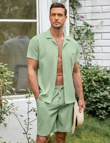 COOFANDY Men's 2 Pieces Casual Beach Outfits Short Sleeve Button Down Shirts Summer Short Set - 2