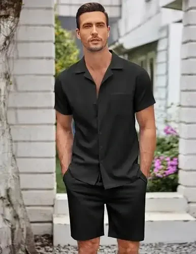 COOFANDY Men's 2 Pieces Casual Beach Outfits Short Sleeve Button Down Shirts Summer Short Set - COOFANDY (1)
