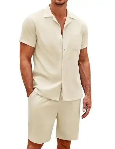COOFANDY Men's 2 Pieces Casual Beach Outfits Short Sleeve Button Down Shirts Summer Short Set - MODAZONE