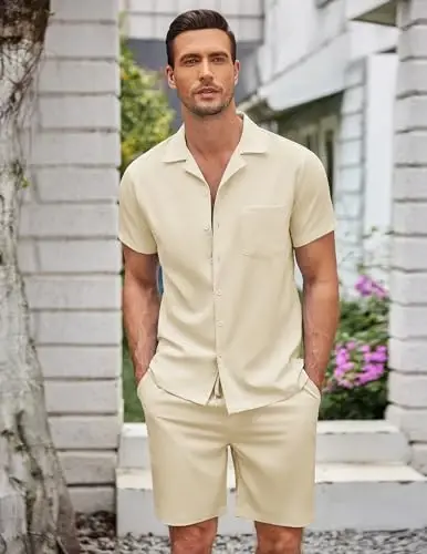 COOFANDY Men's 2 Pieces Casual Beach Outfits Short Sleeve Button Down Shirts Summer Short Set - COOFANDY (1)