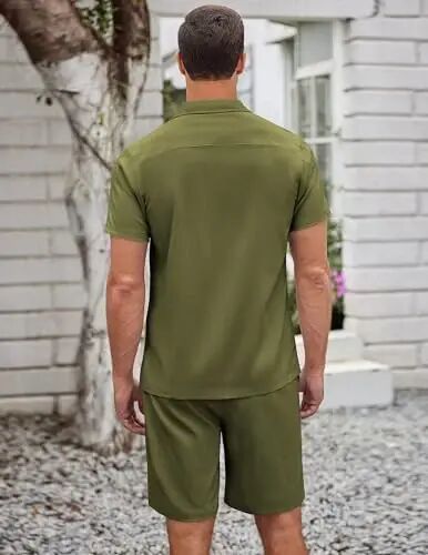 COOFANDY Erkek 2 Parça Günlük Plaj Kombini Kısa Kollu Düğmeli Gömlek Yazlık Şort Takımı - 4