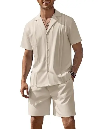 COOFANDY Mens 2 Piece Short Set Guayabera Button Down Shirt Casual Summer Beach Outfits 