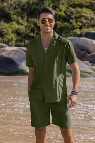 COOFANDY Mens 2 Piece Short Set Guayabera Button Down Shirt Casual Summer Beach Outfits - 2
