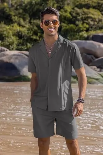 COOFANDY Mens 2 Piece Short Set Guayabera Button Down Shirt Casual Summer Beach Outfits - 2