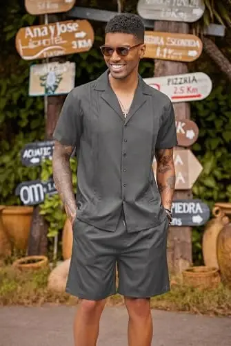 COOFANDY Mens 2 Piece Short Set Guayabera Button Down Shirt Casual Summer Beach Outfits - 6