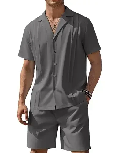 COOFANDY Mens 2 Piece Short Set Guayabera Button Down Shirt Casual Summer Beach Outfits - 1