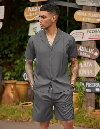 COOFANDY Mens 2 Piece Short Set Guayabera Button Down Shirt Casual Summer Beach Outfits - MODAZONE (1)