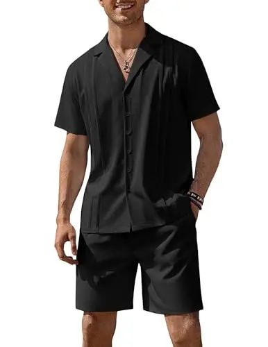 COOFANDY Erkek 2 Parça Kısa Set Guayabera Düğmeli Gömlek Rahat Yaz Plaj Kıyafetleri 