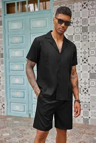 COOFANDY Mens 2 Piece Short Set Guayabera Button Down Shirt Casual Outfits | Shirt and Shorts Sets,Cuban Collar,Lightweight,Breathable and Solf,Casual Shirt,Summer Beach Vacation 