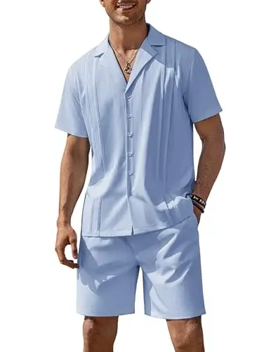 COOFANDY Mens 2 Piece Short Set Guayabera Button Down Shirt Casual Summer Beach Outfits 
